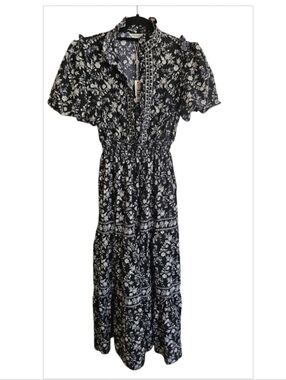 Max Studio Black and White Floral Smocked Maxi Dress